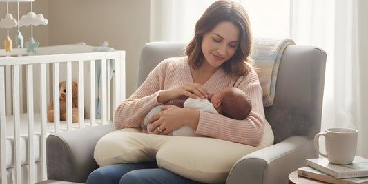A mother feeds her newborn while sitting on a couch, using a supportive pillow to keep the baby at a comfortable height in a calm, softly lit nursery.